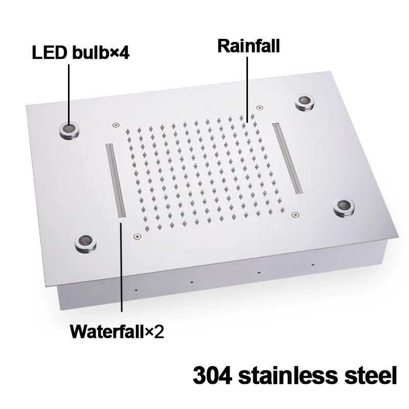 Contemporary Bathroom Rain Shower 360*500mm Polished LED Light Showerhead Colorful Waterfall Shower Heads 304SUS