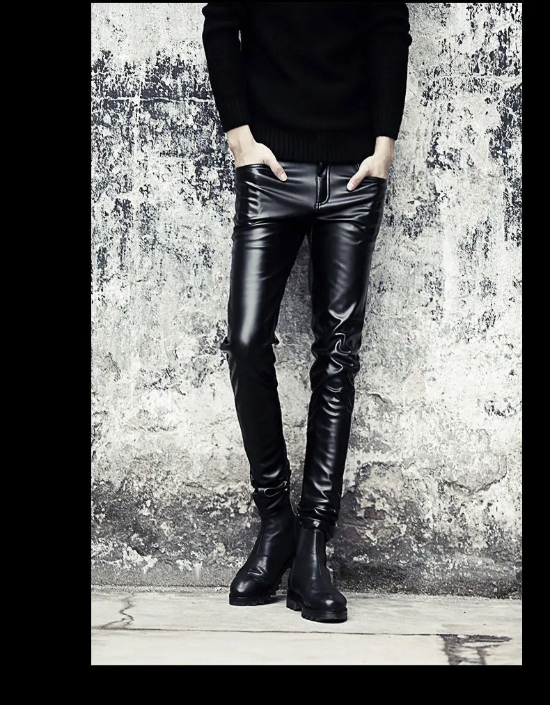 Description Picture 5 of itemMen nightclub singer punk hiphop skinny leather pants stage costume Boys casual tight leather pants motorcycle trousers joggers
