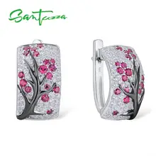 SANTUZZA Silver Earrings For Women Pure 925 Sterling Silver Pink Cherry Sparkling Cubic Zirconia brincos серьги Fashion Jewelry