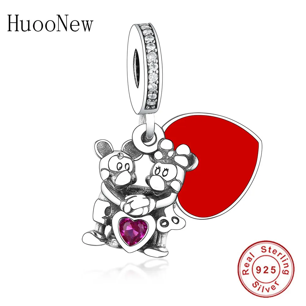 

Fit Original Pandora Bracelet Jewelry 925 Sterling Silver Charm Red Enamel Mickey And Minnie With Love Sweethearts Pendant Beads