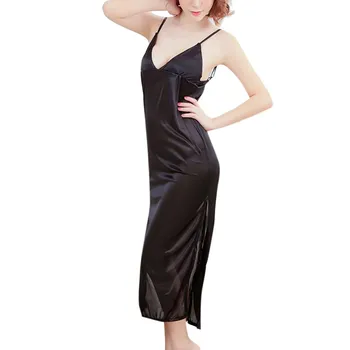 

2020 Black sling deep V long nightdress Women Sexy Satin Sleepwear Babydoll Lingerie Long Nightdress Underwear