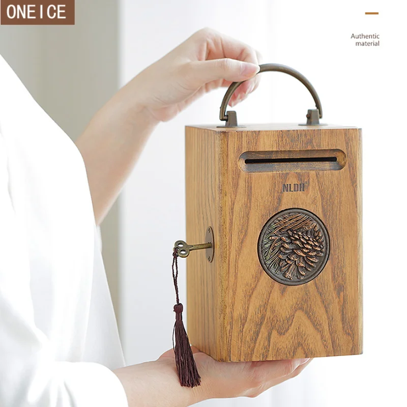 

Retro piggy bank solid wood lockable child coin box large capacity banknote and coin money box safety safe best gift
