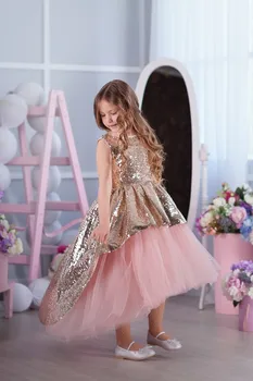 

Sparkly Sequins Flower Girl Dress For Wedding Open Back Any Size and Any Color High Low Girls Pageant Gowns New Arrivals Longo