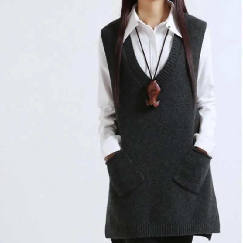2021 Women Sweater Spring Autumn New Korean Women's V neck Knit Long A shaped Pocket Vest Pullover Sleeveless