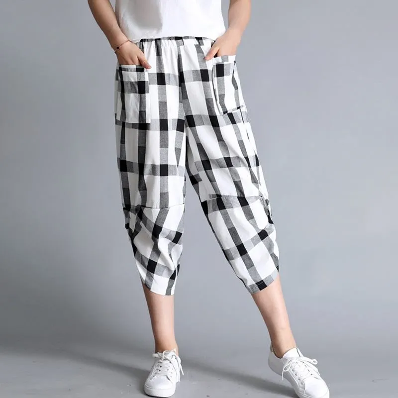Hip Hop Summer Women Plaid Shorts Fashion Loose Cotton Knee Length