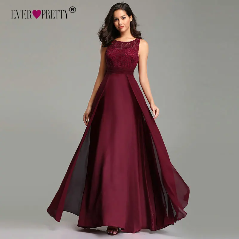 Burgundy Женские длинные платья на выпускной Ever Pretty, вечерние шифоновые кружевные наряды бордового цвета, трапециевидного силуэта, без рукавов, с круглым вырезом, для вечеринки, EZ07695, лето - Цвет: Burgundy