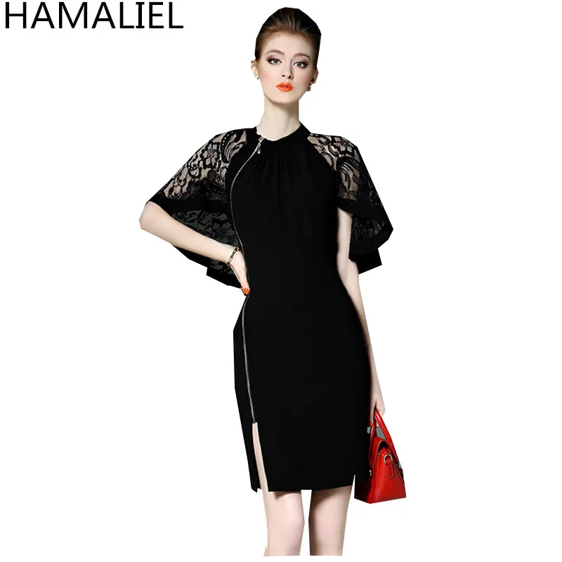 

Vestidos 2018 Summer Women Barnd Dress High End Lace Patchwork Hollow Out Cloak Sleeves Lady Split Bodycon Zippers OL Dress