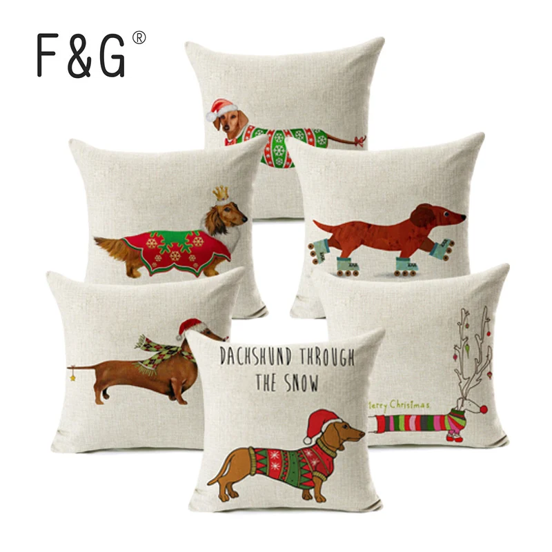 

Christmas Dachshund Dogs Linen Pillow Cover Golden Retriever Cushion Cover Decorative Throw Pillow Case Home Decor