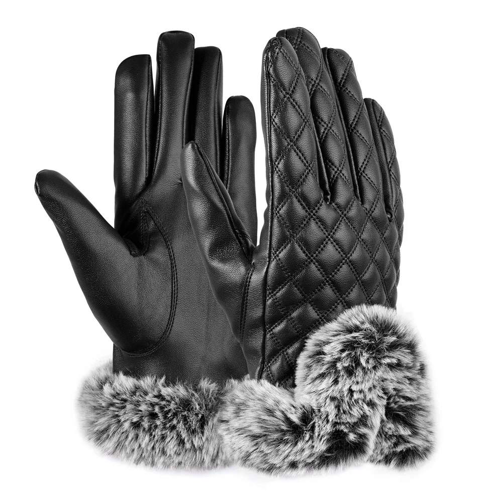 Women Gloves 360 Degree Touch Screen PU Leather Gloves Winter Warm Wear
