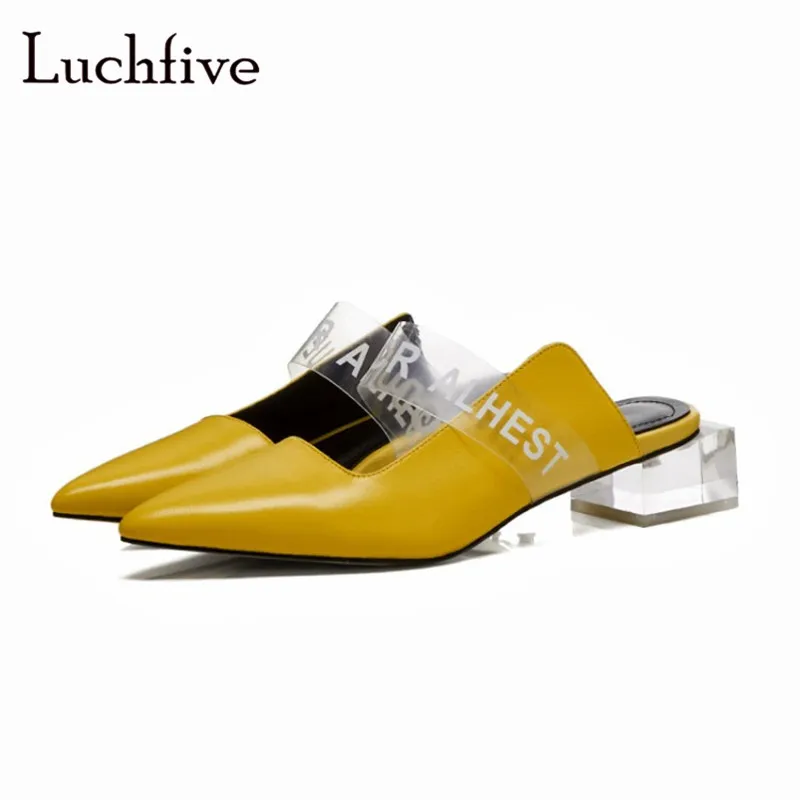 

Transparent belt pointed toe clear heels slippers women genuine leather slip on casual shoes black yellow summer slides women
