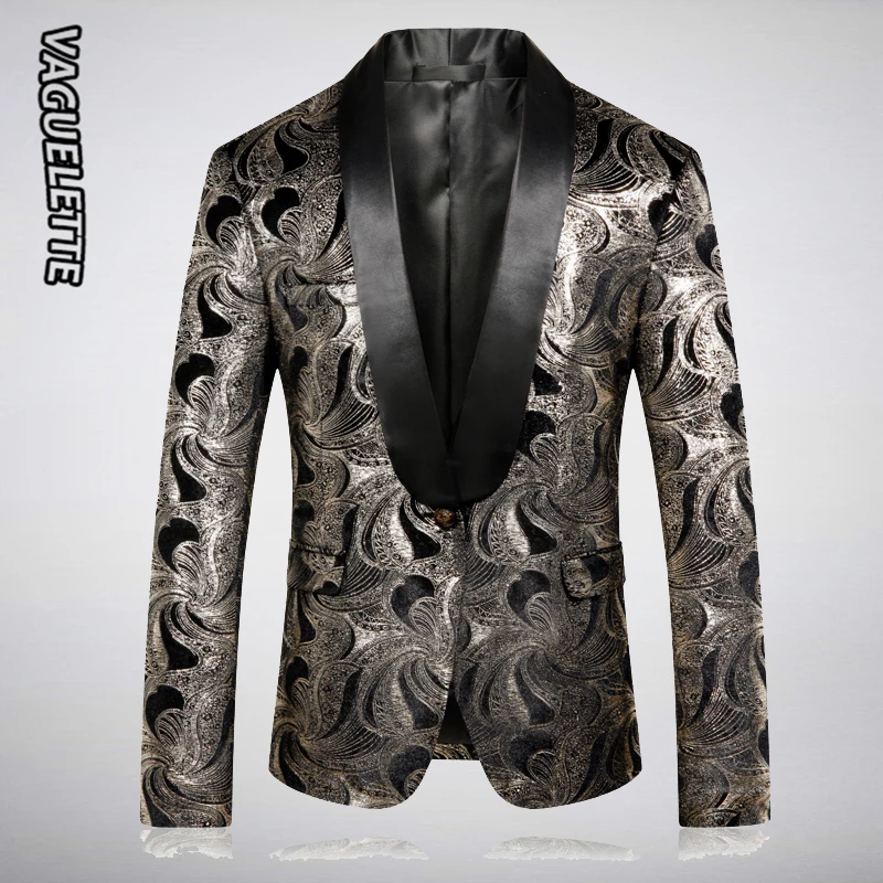 

VAGUELETTE Silvery Pattern Blazer Slim Fit Luxury Fashion Suit Blazer Elegant Shawl Collar Wedding Coat Men Tuxedos M-5XL