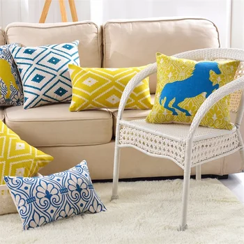 

Decorative Pillows Case Geometric Animals Blue Square quadrilateral Horse Sawtooth stripes Cotton Linen Cushion Cover coussins