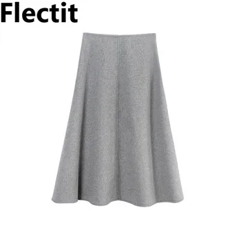 

Flectit 2018 Autumn Winter Women Elegant A Line Flared Skirt Hight Waist Wool Office Skirt Black Gray Midi Skirt Saia Feminina