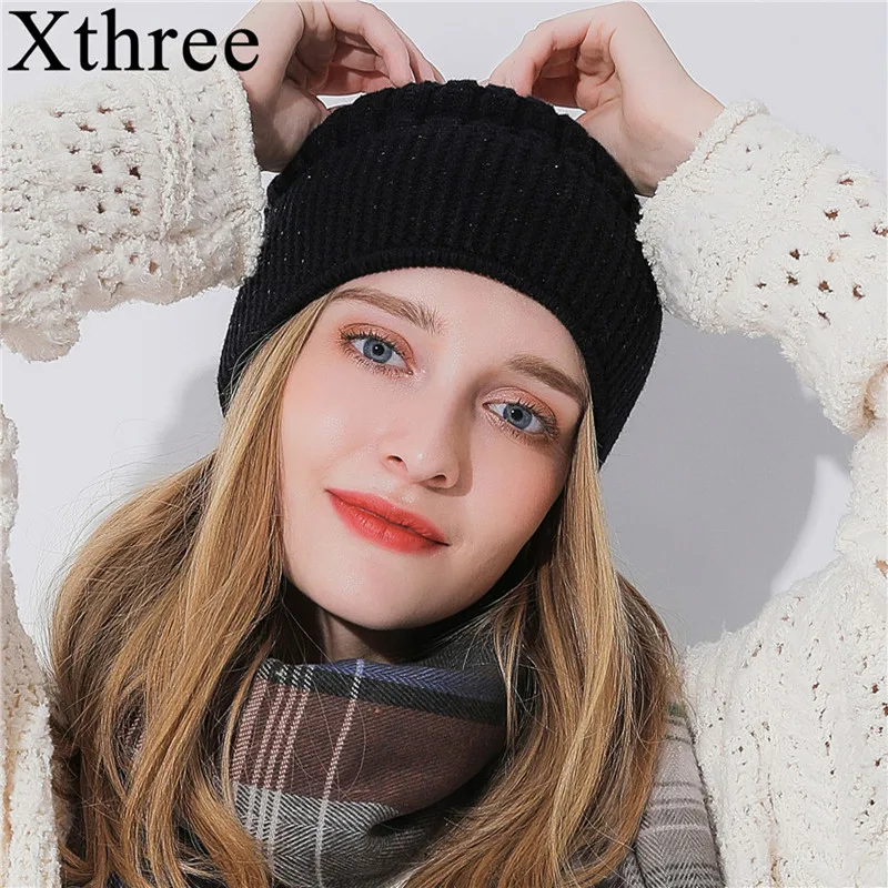 Xthree, зимняя шапка бини для женщин, для девушек, Skullies Beanies, блестящие стразы, вязанные, Gorro, шерстяные женские шапки