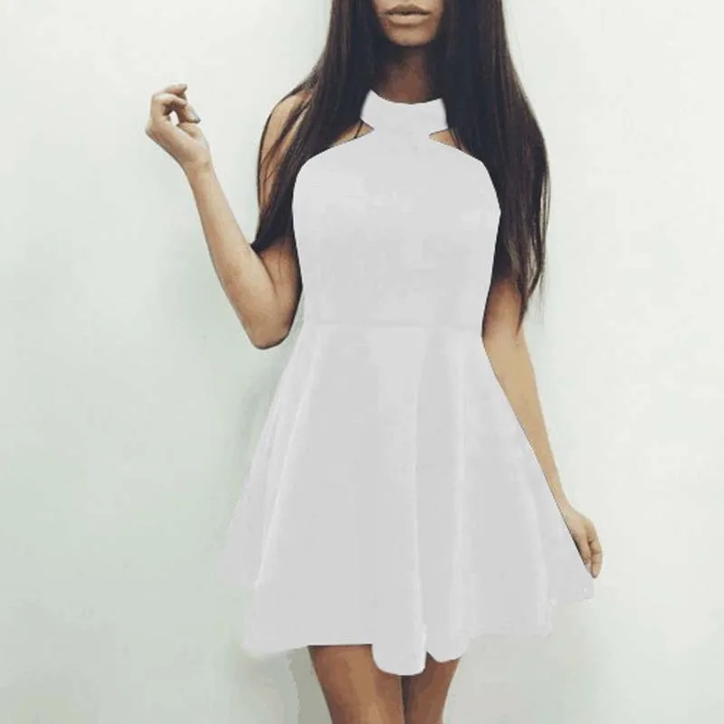 

2017 Women Summer New Fashion Sexy Dresses Black White Red A-Line Sleeveless Above Knee Mini S M L XL O-Neck Solid Dress S4677