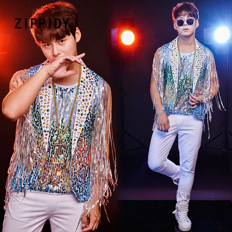 New Summer Multicolor Sequins Tassel Bling Rhinestones Men's Vest White