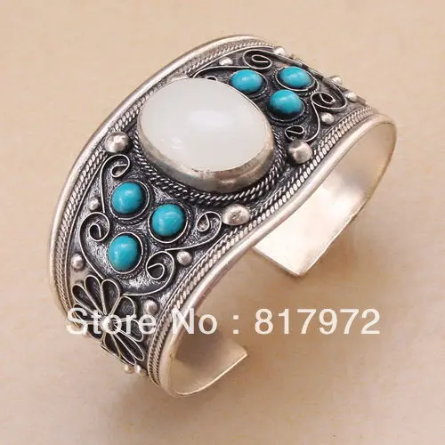 Retro blue stone howlite whiet opal bead tibet silver beaded cuff bracelet Adjustable Party Gift &amp6YB00030 | Украшения и