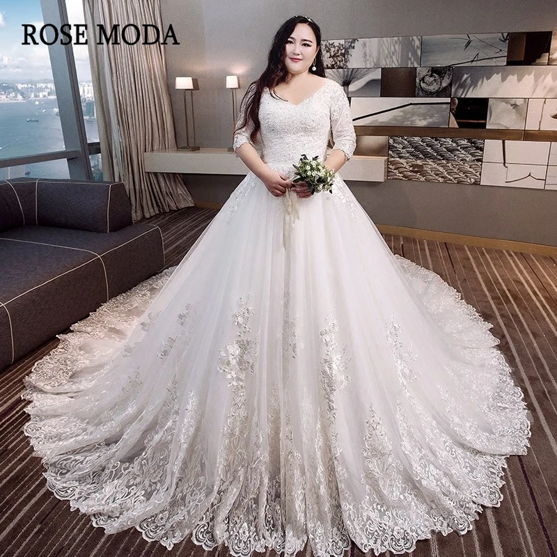 Роза Moda кружево Плюс размеры Свадебное платье 2019 длинный шлейф V средства ухода за кожей шеи Свадебные платья с рукавами на заказ