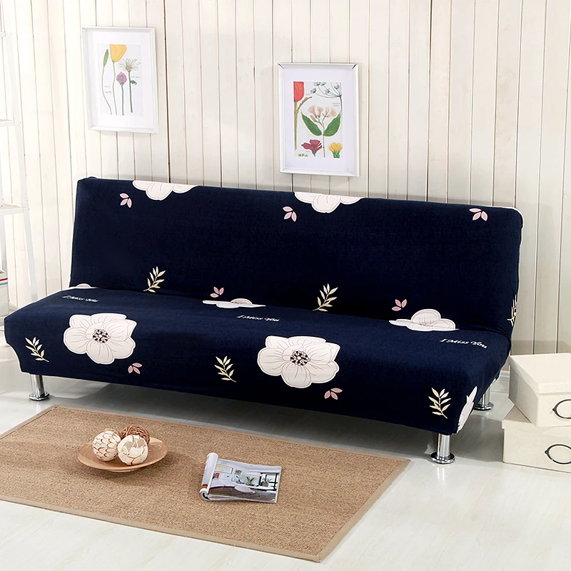 Deep Blue Flowers No Handrail Sofa Bed Covers For Living Room Elastic Armless Slipcovers Anti Dirty
