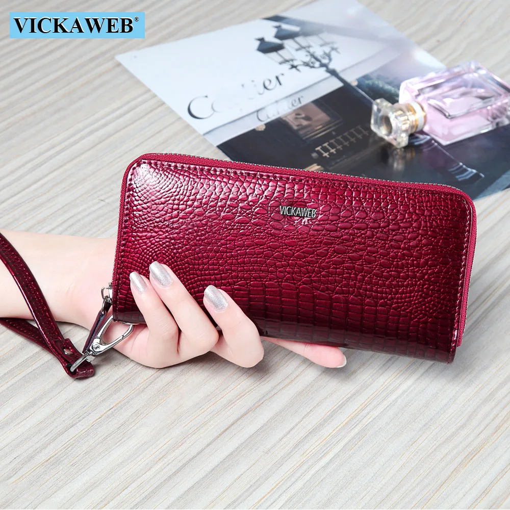 Baratos VICKAWEB bolso de mano cartera Cartera de cuero genuino mujer larga cremallera mujeres carteras tarjetero embrague damas carteras AE38