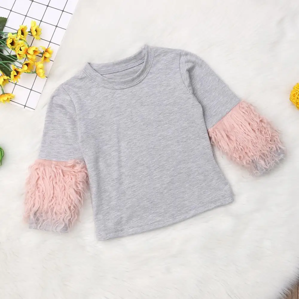 

2019 Fashion Toddler Kids Baby Girl Sweater Casual Shirt Long Sleeve Tassels Round Collar Gray Hoodie T-shirt
