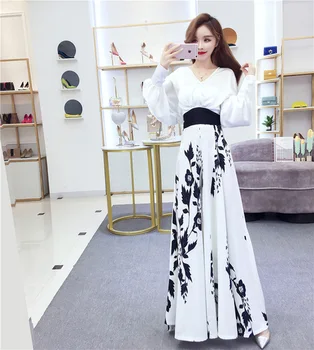

Spring Full Lantern Sleeve Pullover V-neck Tops Full Length Print Pants Casual 2 Piece Set Women Fashion Women Sets Clothes