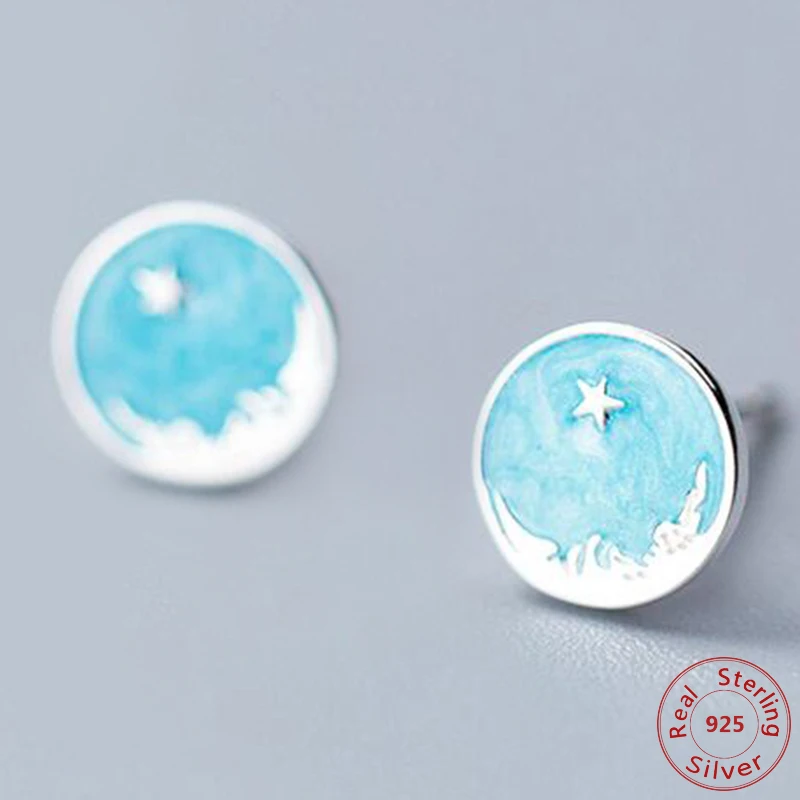 

Fashion Light Blue New Round 925 Sterling Silver Piercing Stud Earrings For Women Girls Gift Jewelry