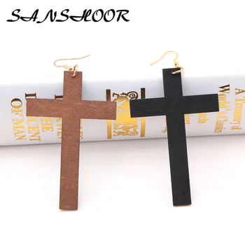 

SANSHOOR Black Brown 8cm*5.2cm Wooden Cross Earrings Fit Paiting For Women Handmade Painting Gifts 6Pairs/lot