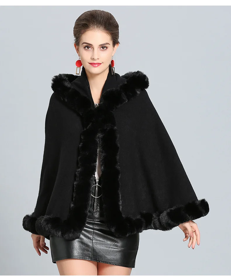 European Women Cloak Faux Fox Fur Patchwork Woolen Coats 2019 Autumn Winter Female Hooded Outerwear Wool Jackets Party Clothing black puffer coat with hood