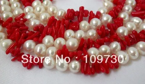 

Jewelry 0011924 classic long 60" 7mm round white freshwater pearls red coral necklace