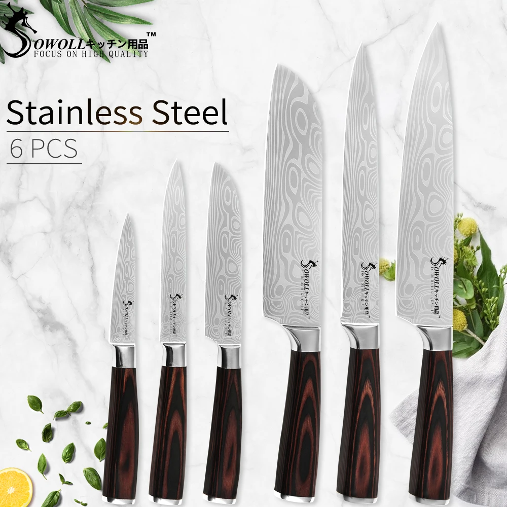 

Sowoll Stainless Steel Kitchen Knives 6PCS Set Japanese Damascus Pattern Blade Color Wood Handle Kitchen Gadgets Cooking Tools