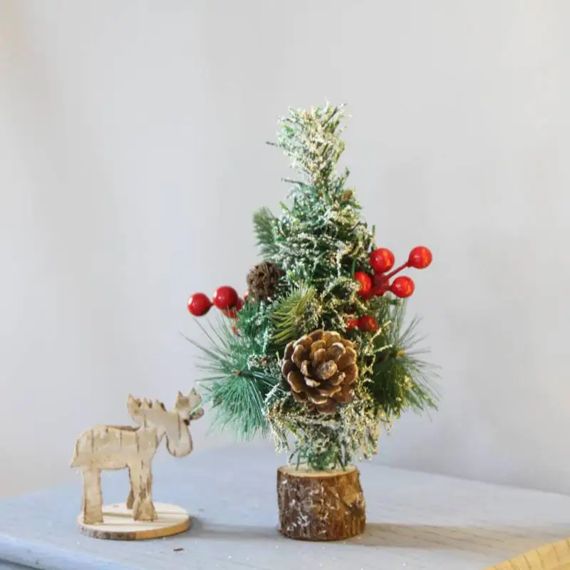 

10-Inch Wood Mini Artificial Christmas Tree Desk Table Decorations Round Base Display Ornaments Christmas Tree