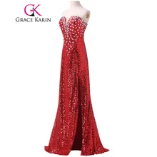 Luxury Grace Karin Long Formal Evening Dresses Crystal Sequin Pongee Split Red Elegant Evening Gowns Sexy Party Dress CL6102