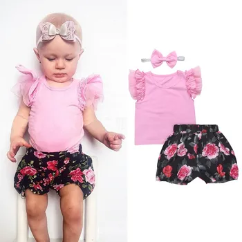 

2018 Summer Newborn Baby Girl Clothes Solid Color Top +Floral Print Shorts+Headband 2PCS Outfits Kids Clothing Set L1