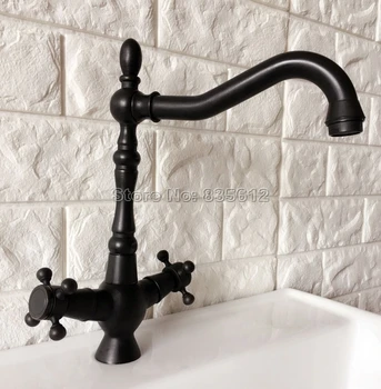 

Deck Mounted Black Oil Rubbed Bronze Dual Handle Bathroom Faucet Swivel Spout Basin Mixer Vessel Sink Faucets Wnf380