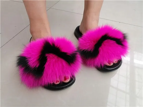 COOLSA Hot Women's Striped Plush Fur Slippers Super Fluffy Furry Fox Fur Slides Travel Quick Drying Beach Flip Flops Plus Size - Цвет: as picture shows