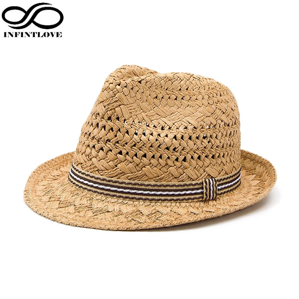 

LUCKYLIANJI Summer Fashion Handmade Women's Beach Boho Fedora Straw Hat Sun Hat Sunhat Men Jazz Hat Gangster Cap (One Size:58cm)