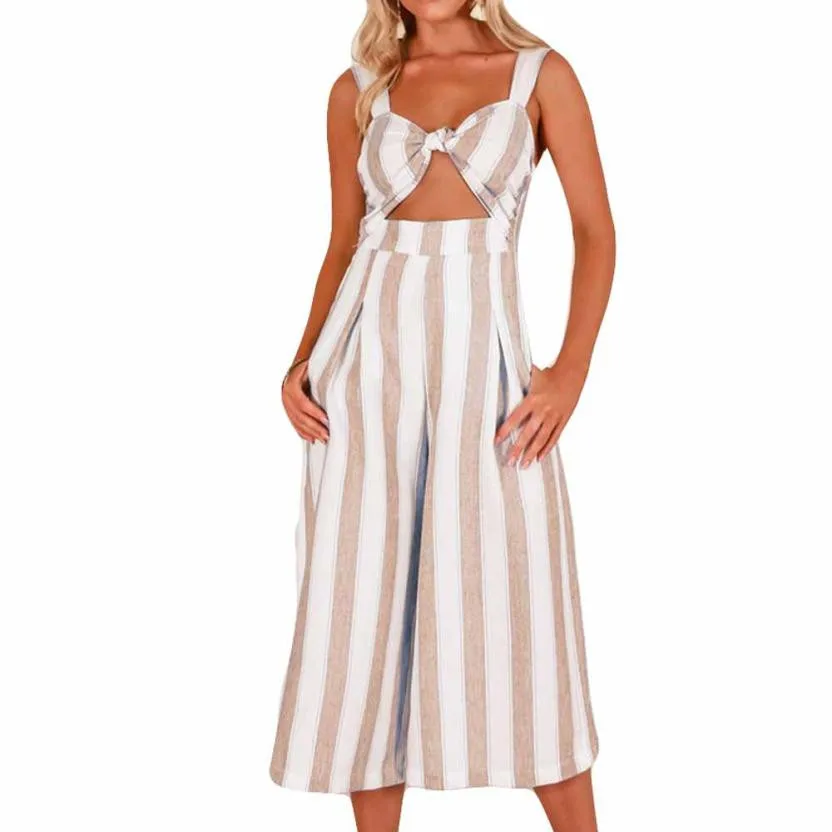 Holiday Strip Beach Boho Summer Long Maxi Jumpsuit Women Strapped