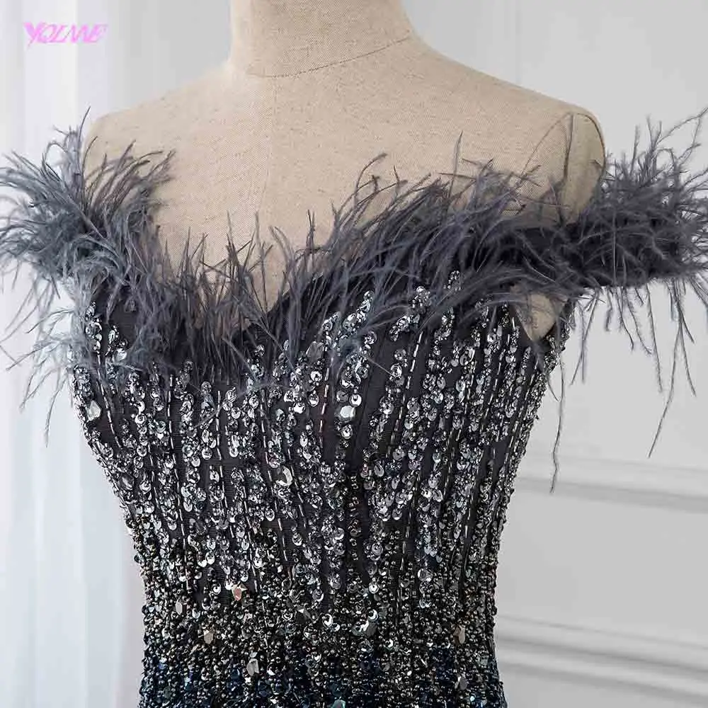 Luxury Gray Feathers Evening Dresses Long Off Shoulder Crystal Mermaid Evening Gown Competition YQLNNE Luxury Gray Feathers Evening Dresses Long Off Shoulder Crystal Mermaid Evening Gown Competition YQLNNE