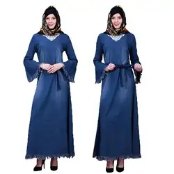 Мусульманский Для женщин кисточкой abaya Макси платье из джинсовой ткани с вышивкой длинный халат Повседневное винтажное платье Бисер с
