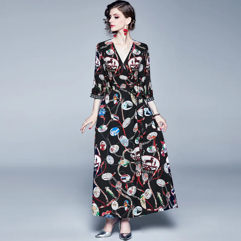 

Women Autumn Maxi Boho Vintage Dresses 2019 Bohemmian Holiday Elegant Print V-neck Fashion Sashes Mujer Party Dresses Robe
