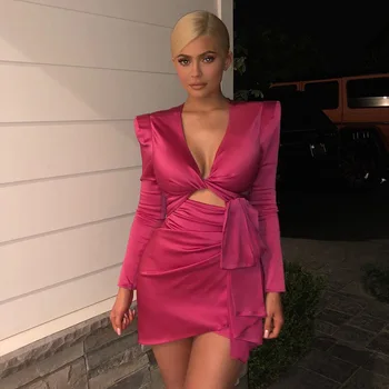 

Fashion Hollow Out Bandage Elegant Draped Dress Sexy Women Mini Night Club Party Body con Frenum Deep V-Neck Dresses Wholesale