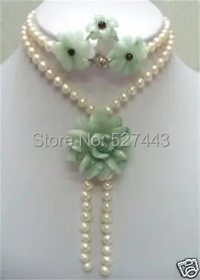 

Wholesale JWEW6559 >>Charming white Natural pearl & green jade necklace earrings ring 8#