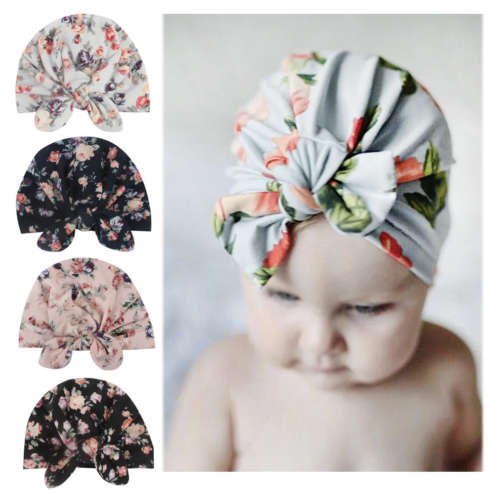 

2019 Rabbit Ear Baby Hat Newborn Elastic Cotton Printing Beanie Cap Multicolor Little Girls Soft Turban Hats Head Wraps