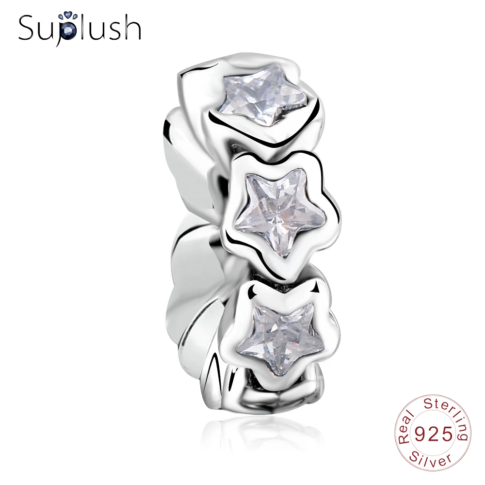 Suplush Authentic 925 Sterling Silver Shining Satrs Clear CZ STARS Spacers Charms fit Original Bracelets Women Jewelry PSMB0800 | Украшения