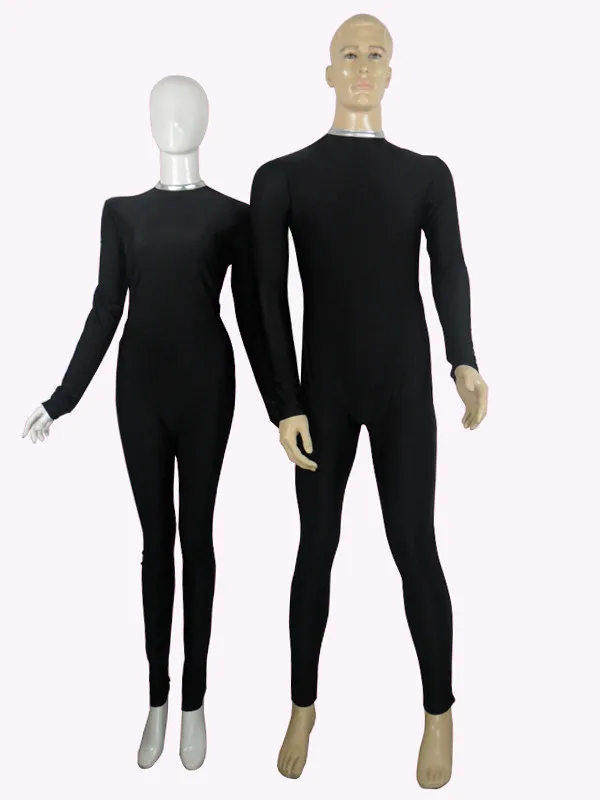 Black Spandex Zentai Suit With Silver Neck Trim one piece zentai suit