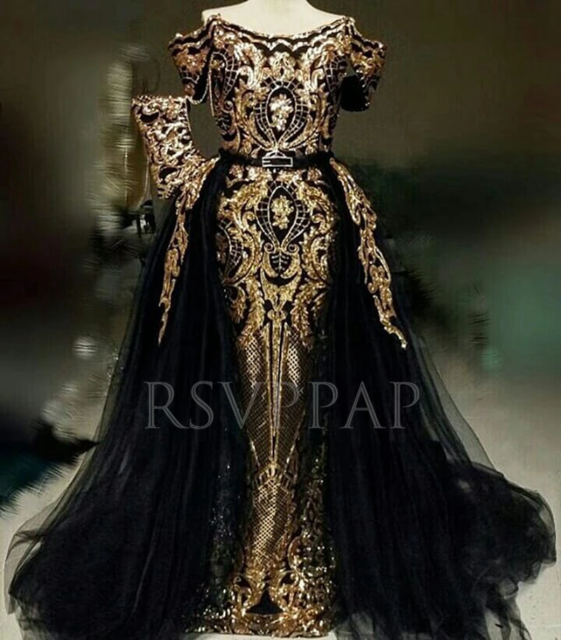 

Long Arabic Style Evening Dresses 2019 Cap Sleeve Sparkly Golden Sequin Black Formal Women Evening Gowns