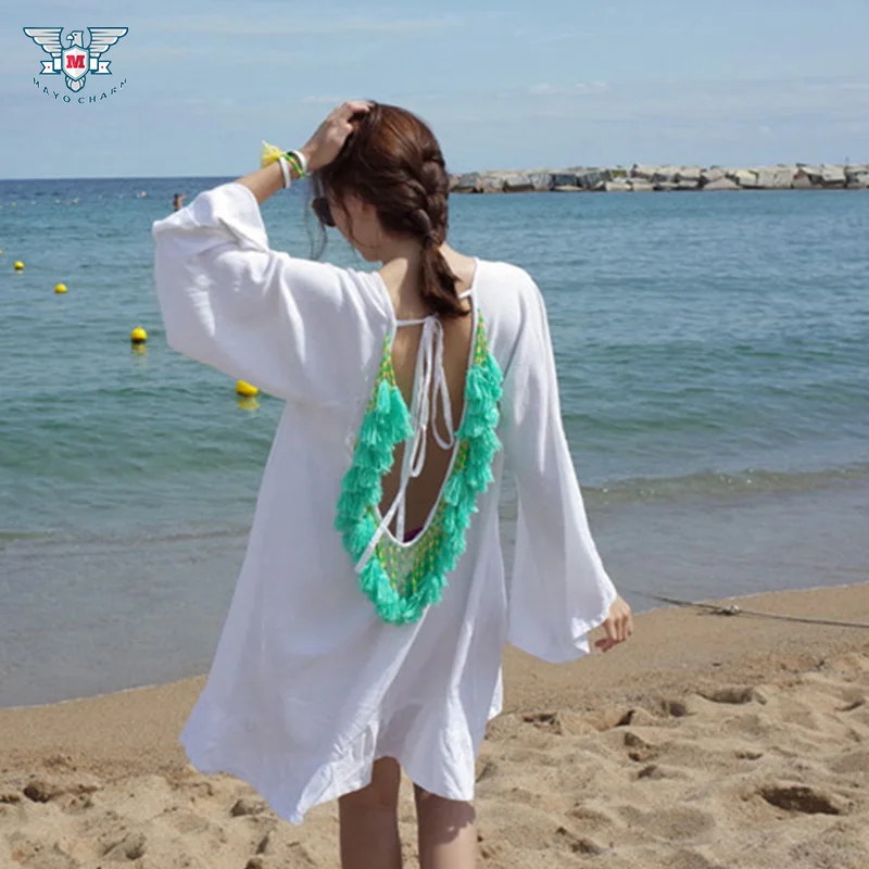 

Women Dress Summer Beach Cover-Up Backless Pareo Dresses Swimsuit Bikini Cover Ups Tassel Tunic Robe De Plage Loose Beach Tops