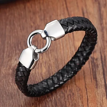 

Charm Bracelets 316L white Stainless Steel Bracelet Genuine Leather Bangle for men Braid Black Color Trendy Bracelet for women