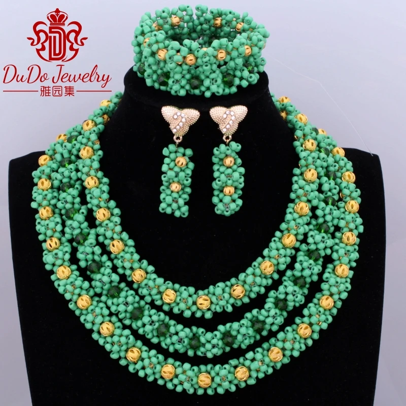 

Free Shipping Green Flowers Gold Color Balls Women's African Beads Nigerian Wedding Party Jewelry Supplier Store 2017 Fashion